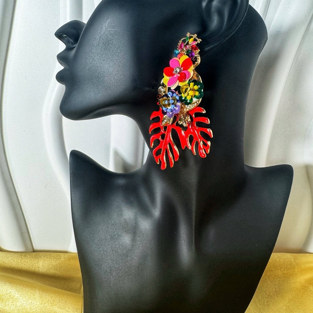 Floral Red Statement Earrings - image 1